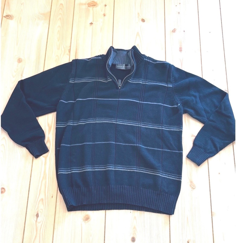 Oscar de la Renta Men Quarter Zip Sweater Navy Blue Striped Cotton Medium Preppy